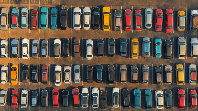 Aerial view of a crowded parking lot with multiple rows of colorful cars neatly parked in parallel lines, creating a pattern of vibrant colors and organized structure