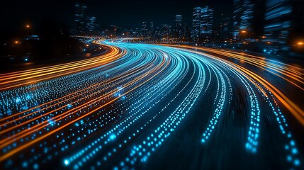 Obraz premium City Expressway at Night with Light Trails and Data Points