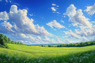 Obraz premium Expansive bright green meadow under a vibrant blue sky filled with large fluffy white clouds, bordered by distant trees under warm sunlight