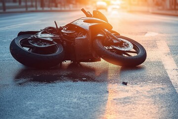 Black sport motorcycle lying on its side on an urban street with early morning or late afternoon sunlight casting long shadows