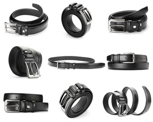 Black leather belt on white background, collage