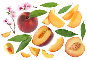 Ripe juicy peaches, blossoms and green leaves on white background, collage