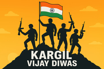 Kargil vijay diwas tribute with silhouette of indian soldiers raising national flag on mountaintop during sunset honoring bravery patriotism sacrifice victory and freedom