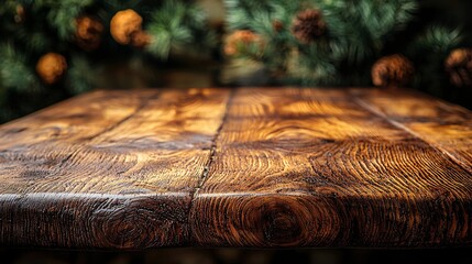 Rustic wooden table top, Christmas background, pine cones, festive, product display