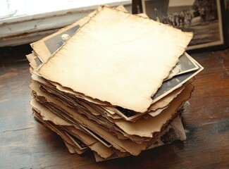 Stack of aged, sepia-toned vintage photographs and old papers with worn and torn edges placed on a wooden surface, evoking nostalgia and memories of the past