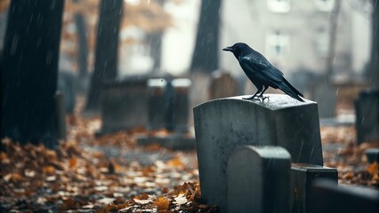 A crow perched atop a tombstone in a graveyard scene on a rainy autumn day view