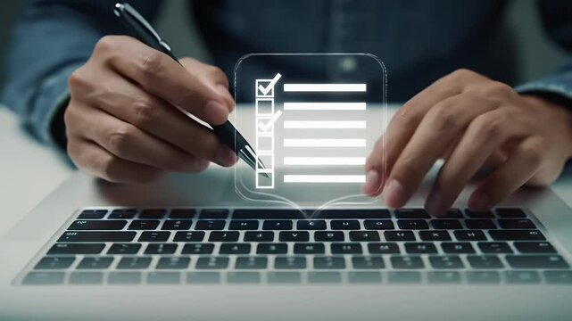 Man Reviews Checklist on Laptop with Light Blue Shirt Close Up of Hands Holding Pen Modern Technology Business Concept for Adobe Stock