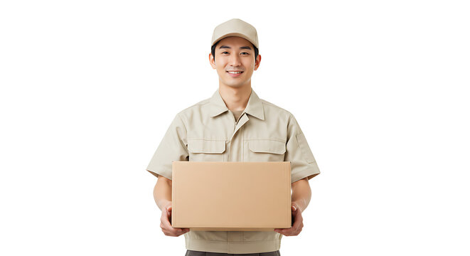 Delivery man in neutral uniform holding a cardboard box, isolated on white — reliable courier service worker with friendly expression