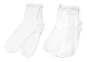 Clean white socks isolated on white, collage. Top view