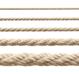 Ropes of different thickness isolated on white, set