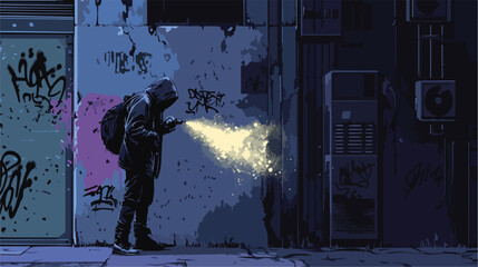 Hooded Hooligan Spraying Graffiti on Dirty Building