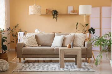 Interior of stylish living room with comfortable sofa, table and houseplants near beige wall, closeup