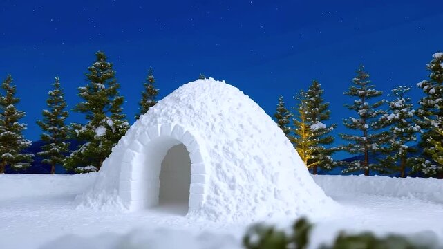 Igloo made of snow blocks stands in snowy winter forest under starry sky with pine trees covered in snow, cold night creating peaceful calm atmosphere