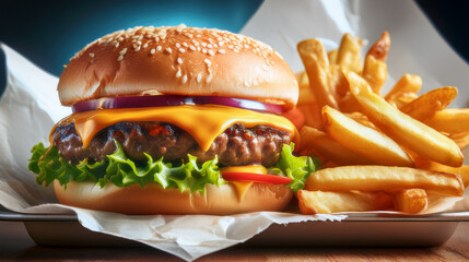 Vibrant Close-up: Classic American Diner-Style Hamburger with Ketchup and Mustard

