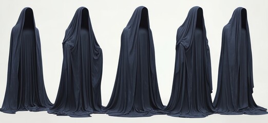 Group of six faceless figures draped in long dark flowing cloths standing against a plain light background evoking mystery and eerie atmosphere
