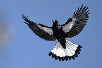 Obraz premium Black and white bird with outstretched wings in mid-flight against a clear blue sky