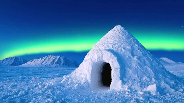 Igloo made of snow blocks in frozen Arctic landscape under northern lights with mountain background, peaceful cold night and aurora borealis glow
