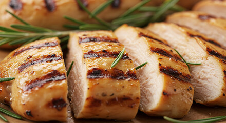 Macro shot of grilled chicken breast sliced into thin strips
