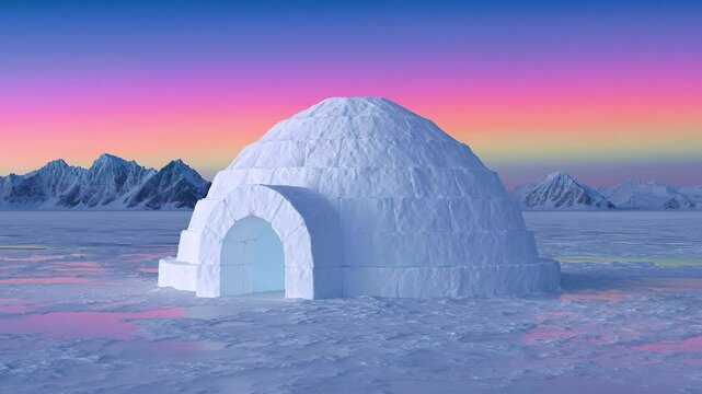 Futuristic igloo dome made of transparent ice and snow on frozen mountain landscape under colorful cold sunset sky with peaceful frozen atmosphere