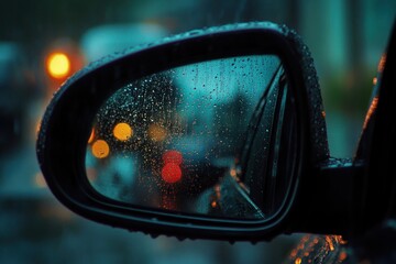 Close-up of a car side mirror covered in raindrops reflecting blurred city lights during rainy evening