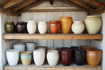 Assortment of ceramic pots and vases in various colors and sizes arranged neatly on wooden shelves inside a rustic open cabinet