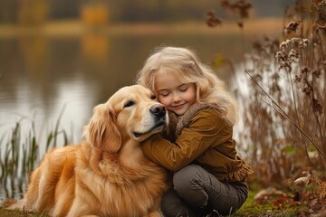 young child hugging a golden retriever dog near a calm lake surrounded by autumn foliage with peaceful expressions
