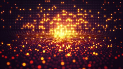 Glowing orange and yellow particles forming a dynamic grid pattern creating a warm, radiant light effect with a sense of digital energy and movement