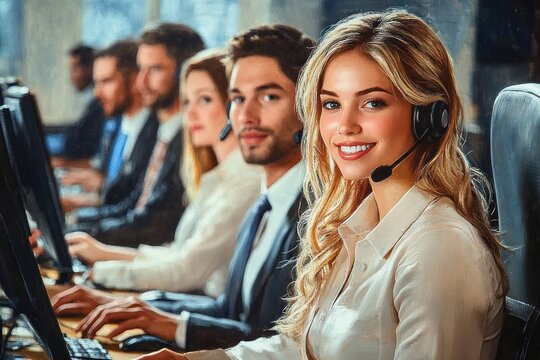 A row of customer service representatives wearing business attire and headsets working on computers in a modern bright office setting