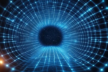 Naklejka premium Glowing blue digital tunnel with grid lines and a starry space visible at the center, conveying a futuristic and immersive cybernetic atmosphere