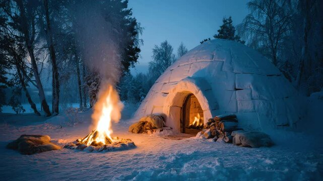 Night bonfire fire glows warmly outside igloo in snowy forest cold winter night with cozy light and peaceful snow covered trees ambiance