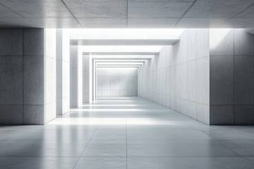 Minimalist modern corridor with bright natural light streaming through structural beams creating geometric shadows on smooth concrete surfaces