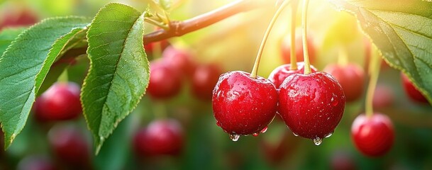 Obraz premium Close-up of ripe red cherries on a tree branch covered with water droplets and surrounded by green leaves in soft sunlight