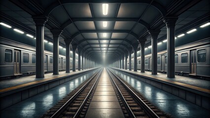 Urban Train Station with Cold Light and Empty Tracks in Perspective