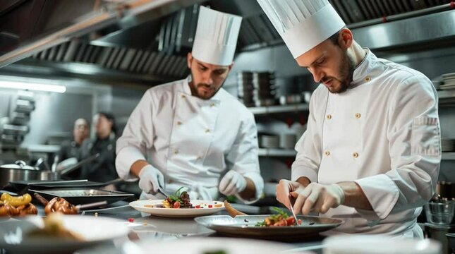 Culinary Harmony: Capturing two chefs engrossed in the art of plating, as they meticulously arrange delectable dishes in a dynamic, commercial kitchen environment.