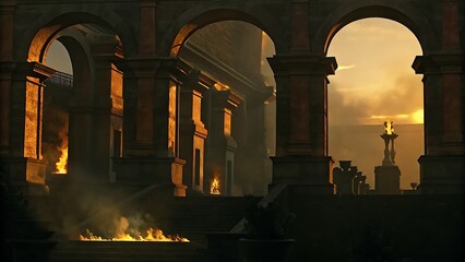 Arches and columns in a dark setting with fire and a golden sky in the distance