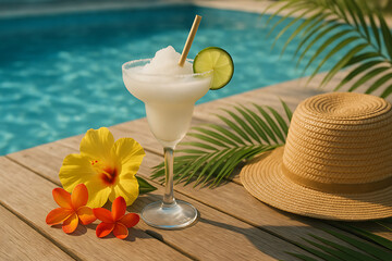 Frozen white margarita with lime by poolside tropical vacation setting adorned with hibiscus flower celebrating national tequila day in relaxing resort