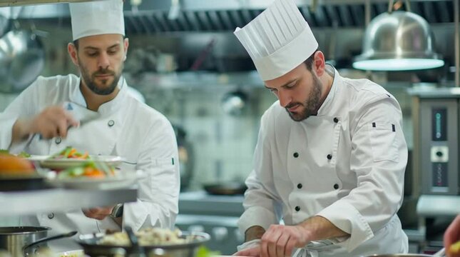 Chef Teamwork in a Restaurant Kitchen: Two chefs collaborate skillfully in a professional kitchen, focusing on food preparation with precision and dedication. The image conveys teamwork.