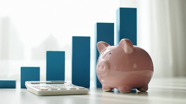 Pink Piggy Bank Standing on White Table with Blue Bar Graph and Calculator in Bright Room Depicting Financial Growth and Savings