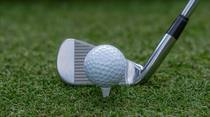 golf ball on tee and iron golf club 