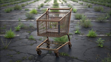 Abandoned Empty Shopping Cart in Desolate Parking Lot Environment