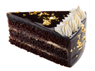 Premium chocolate cake slice topped with whipped cream and edible gold flakes, isolated on white background. Perfect for luxury dessert menus and food branding