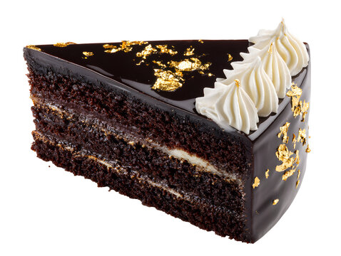 Premium chocolate cake slice topped with whipped cream and edible gold flakes, isolated on white background. Perfect for luxury dessert menus and food branding