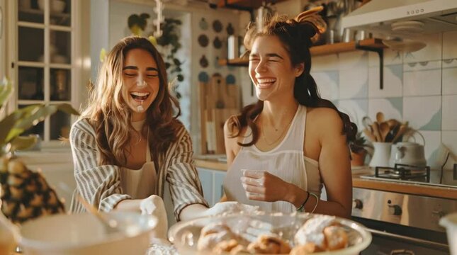 Joyful Baking Session: Two young women sharing a moment of laughter while baking together in a bright and inviting kitchen, captured in a candid moment of friendship and shared joy.