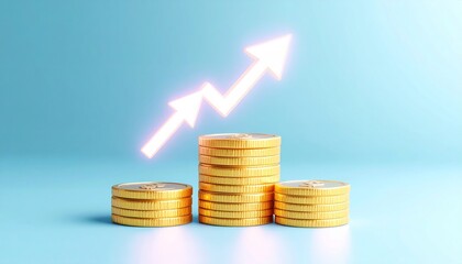 Growth money business increase finance profit on 3d investment background with coin stock wealth arrow graph. Financial economy concept rise gold strategy cash currency. Success market economic budget
