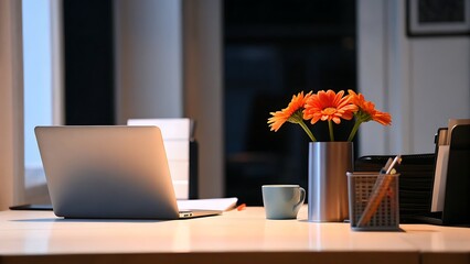 A laptop and orange flowers on a desk in a dimly lit office environment setting