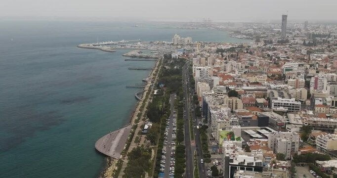 Aerial view of cityscape and coastline, Cyprus.