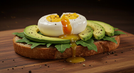 Sandwich with boiled egg, avocado, and arugula, on a rustic wooden