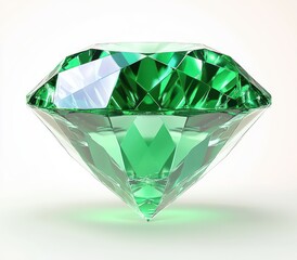 Close-up of a sparkling green faceted gemstone with sharp diamond-like cuts reflecting light on a white background