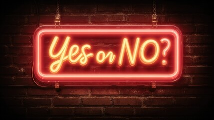 "Yes or No" neon sign, vintage glass tubing, red-orange glowing neon, realistic light reflections on dark brick wall, angled perspective, visible metal supports and wires, retro aesthetic,  