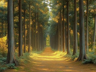 Obraz premium Sunlight filtering through tall evergreen trees lining a peaceful forest path covered in golden leaves, evoking calmness and natural beauty